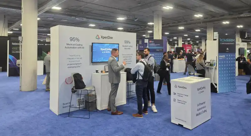 The XpertDox exhibition booth in the AI Pavilion showcasing the XpertCoding autonomous AI medical coding platform at HIMSS 2026.  