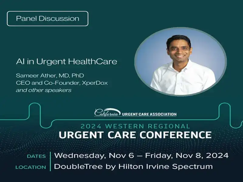 Dr. Sameer Ather, CEO of XpertDox, participating in an AI panel discussion at the CalUCA 2024 conference.