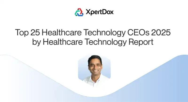 Sameer Ather XpertDox CEO Top 25 Healthcare Technology CEOs 2025 Award White background graphic with the XpertDox logo at the top, headline text reading "Top 25 Healthcare Technology CEOs 2025 by Healthcare Technology Report," and a professional headshot of Dr. Sameer Ather smiling in a white collared shirt, set above a light blue wave graphic at the bottom.