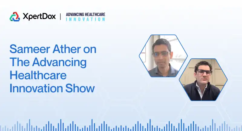 Dr. Sameer Ather discussing AI medical coding and revenue cycle management on The Advancing Healthcare Innovation Show podcast with Michael Stamatinos.