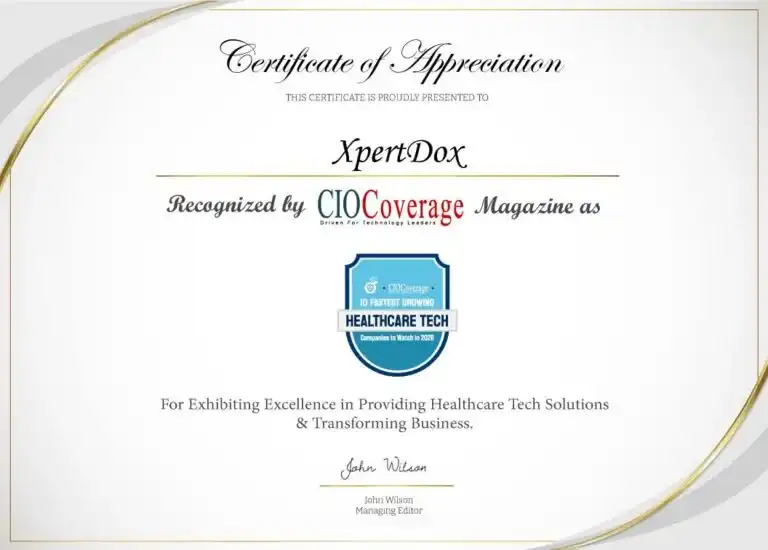 Certificate of Appreciation presented to XpertDox by CIOCoverage for advancements in healthcare technology in 2026.