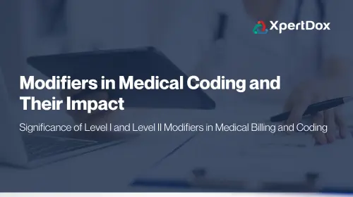 Applying Level I and Level II Modifiers in Medical Coding Medical coding application applying Level I and Level II modifiers to CPT and HCPCS codes on a computer screen